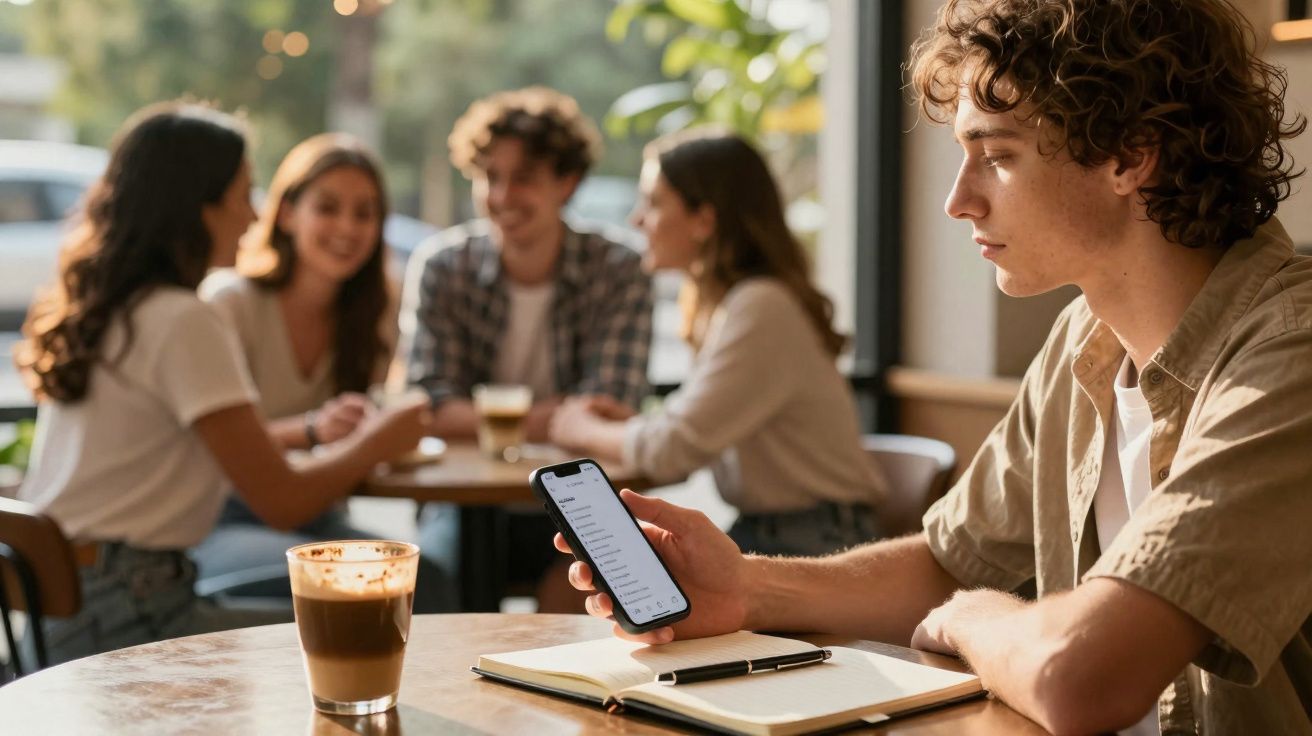 Jovem sentado sozinho num café a olhar para o telemóvel enquanto outras quatro pessoas conversam ao fundo.