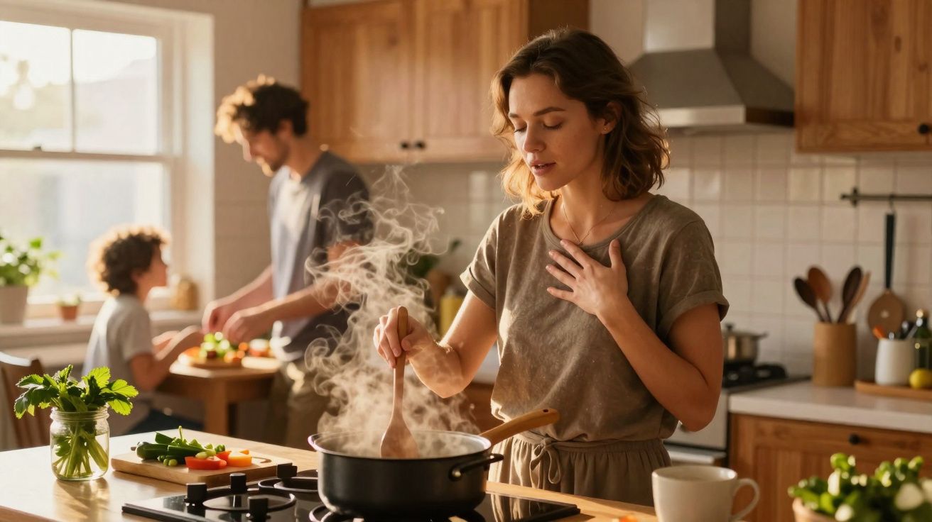 Mulher a cozinhar com expressão emocionada, enquanto homem e criança preparam alimentos na cozinha iluminada.