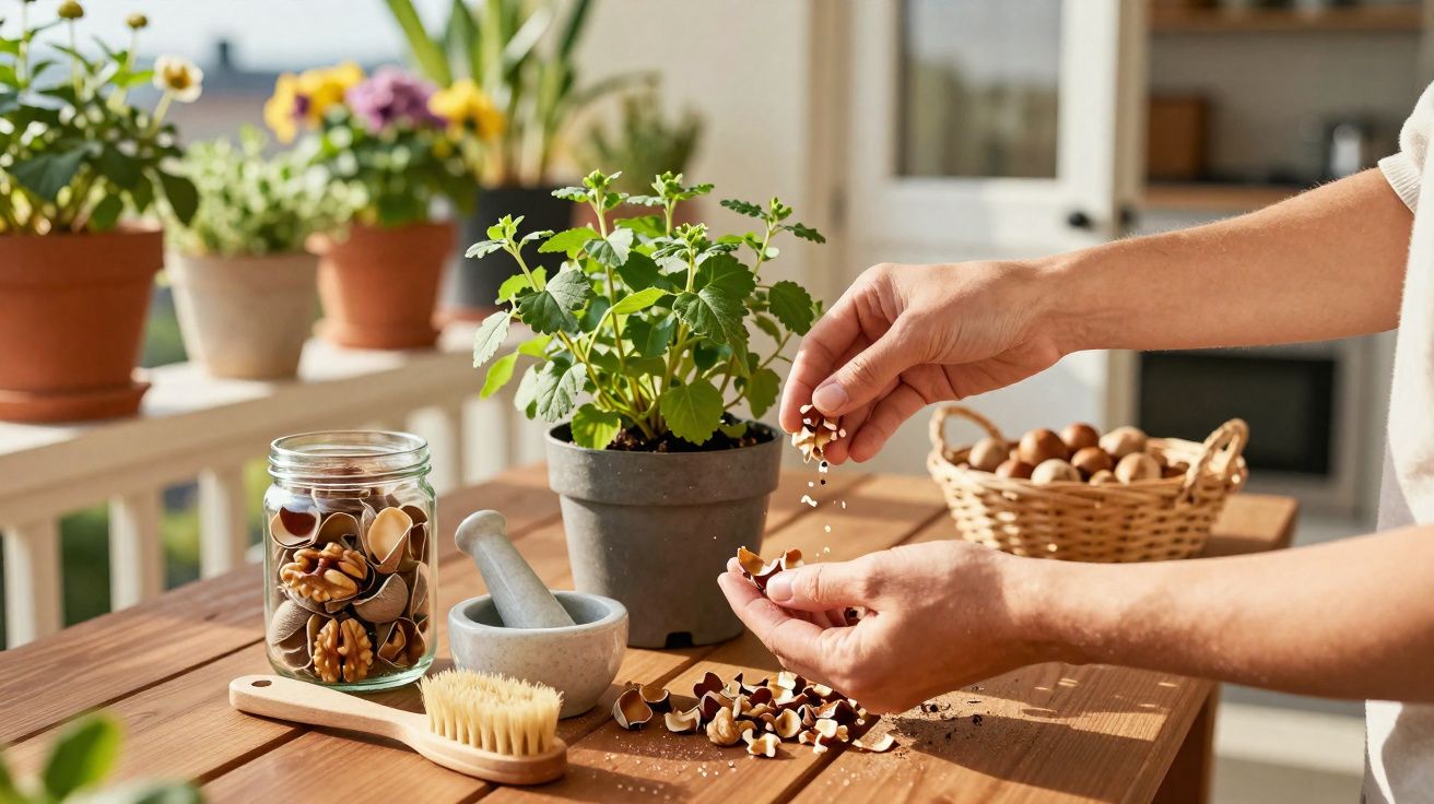 Mãos a abrir nozes sobre mesa em madeira com plantas e utensílios de cozinha ao fundo.