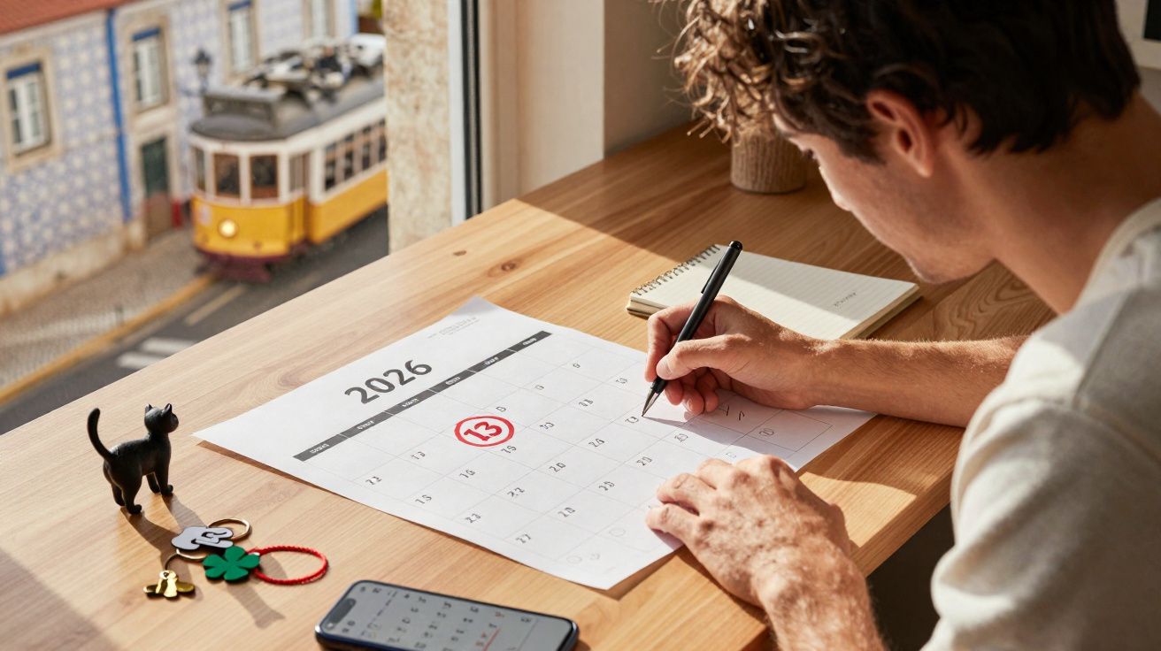Homem a escrever num calendário marcado com círculo vermelho no dia 13 de 2026 numa secretária junto a janela com elétrico.