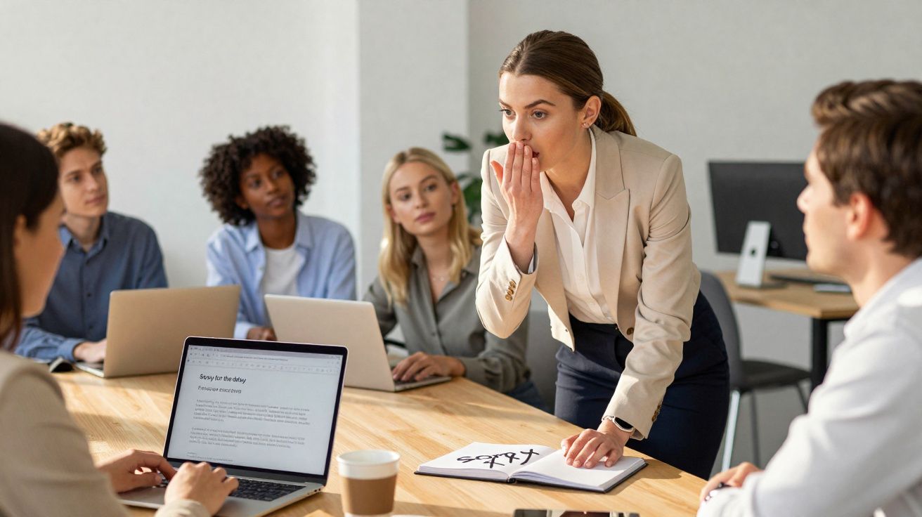 Grupo de pessoas num escritório, mulher a falar com expressão surpresa durante reunião.