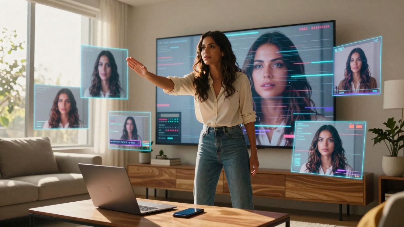 Mulher interagindo com hologramas digitais de retratos no ambiente doméstico moderno com laptop à frente.