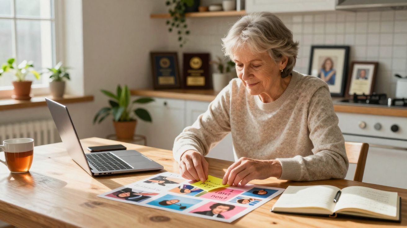 Mulher sénior sentada à mesa a organizar fotografias e notas em post-it, com portátil e caderno ao lado.