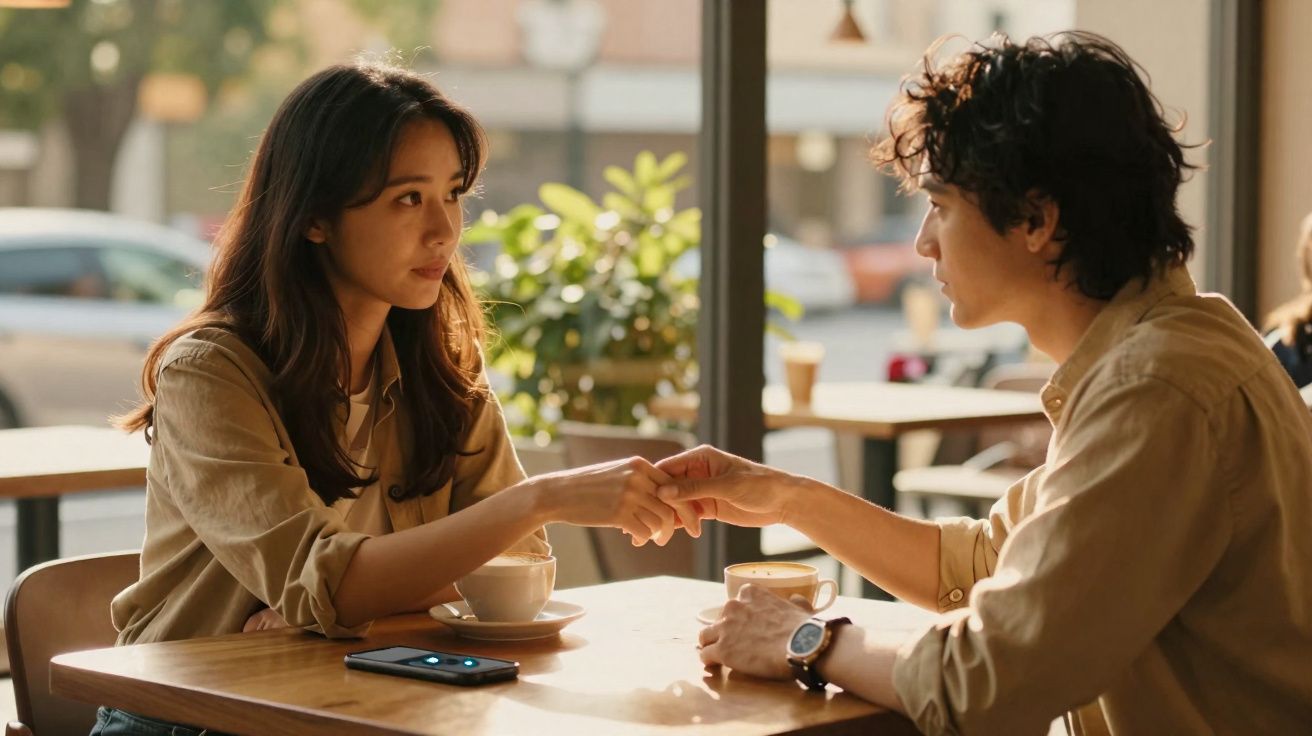 Casal sentado numa cafetaria, por expressão trocam um olhar e seguram as mãos sobre a mesa.