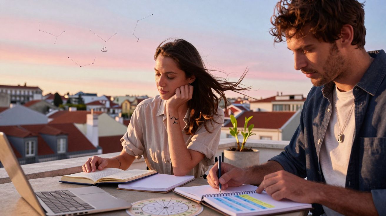 Duas pessoas jovens estudam no terraço ao pôr do sol, com laptop e cadernos à frente.