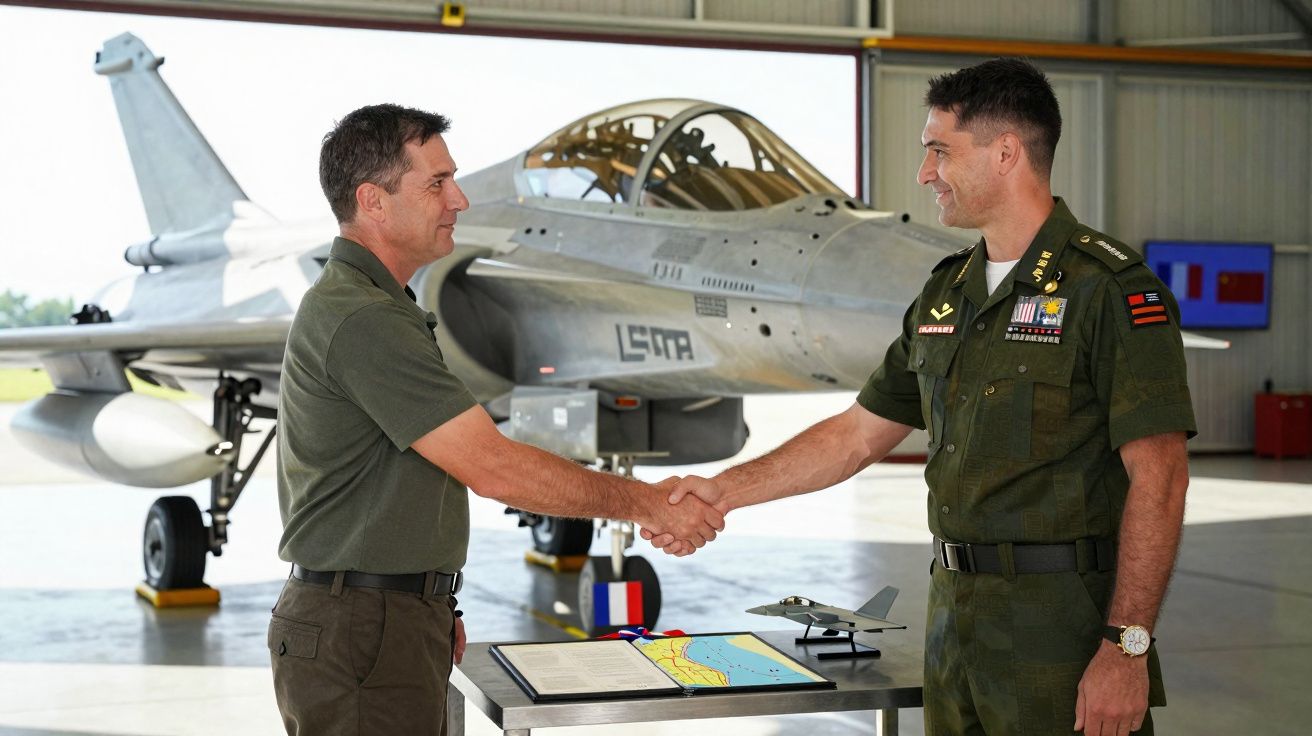 Dois militares apertam as mãos numa base aérea, com um caça ao fundo e maquete de avião sobre uma mesa.