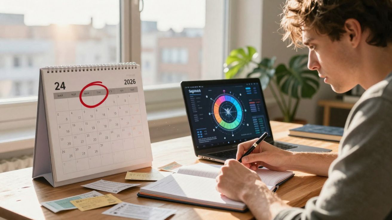 Jovem a estudar astrologia, com laptop aberto e calendário a 24 de março de 2026 marcado numa mesa de madeira.