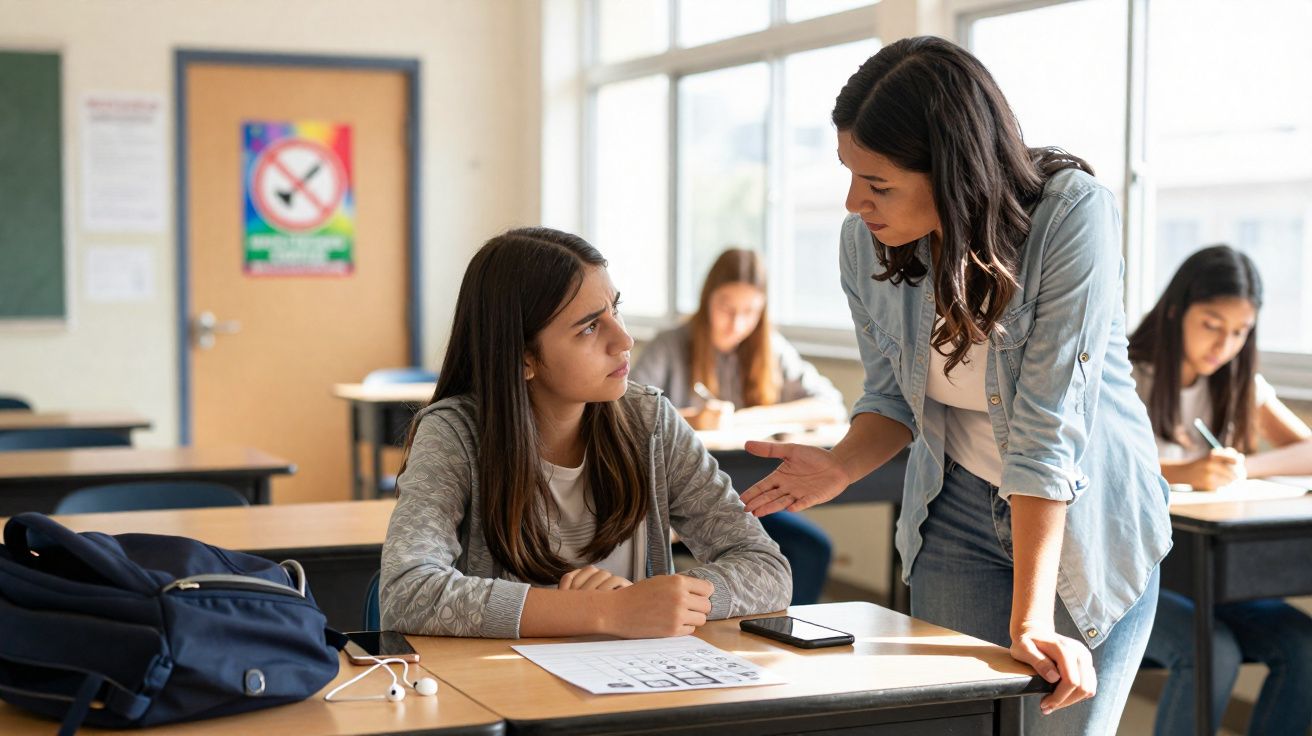 Professora a orientar aluna sentada numa sala de aula com outras estudantes a estudar ao fundo.
