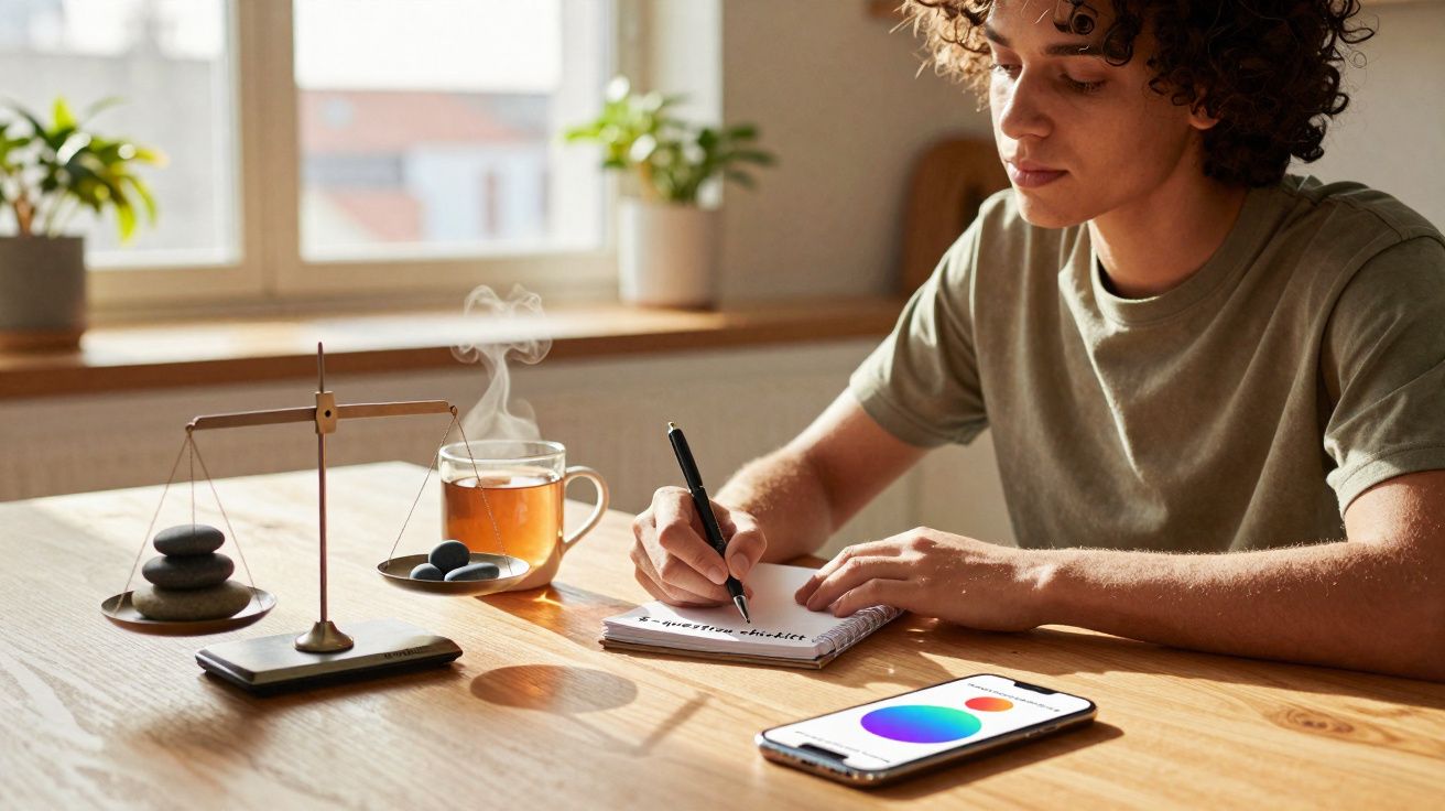 Pessoa a escrever num caderno sentada numa mesa com chá, pedras, uma balança e um telemóvel com roda de cores.