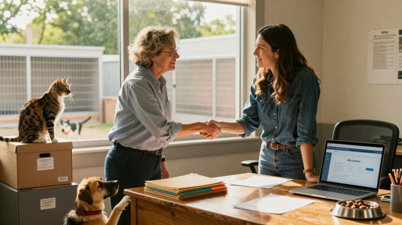 Duas mulheres a cumprimentar-se numa sala luminosa com um gato e um cão próximos, janela ao fundo.