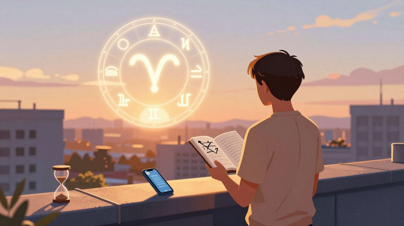 Jovem consulta livro de astrologia no terraço ao pôr do sol com símbolo de Áries e signos zodiacais brilhando no ar.