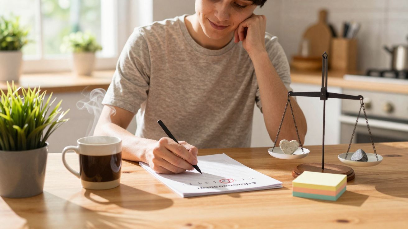 Pessoa a estudar com caneca de café, plantas, balança e bloco de notas numa mesa de madeira.