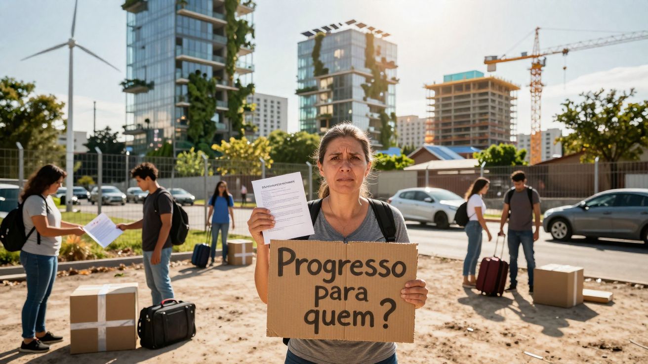 Mulher segura placa "Progresso para quem?" em protesto urbano com outras pessoas e prédios modernos ao fundo.