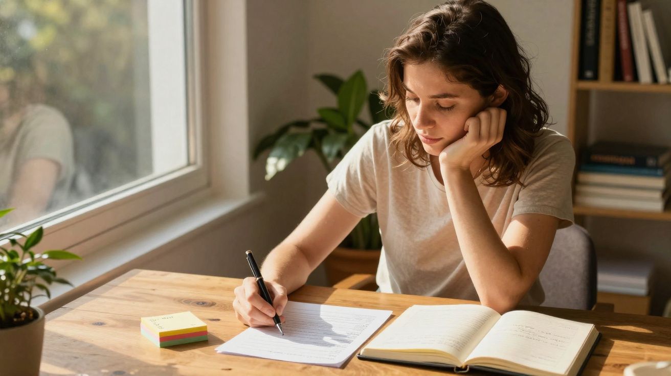 Jovem a escrever num papel numa secretária de madeira junto a uma janela ensolarada com caderno aberto ao lado.