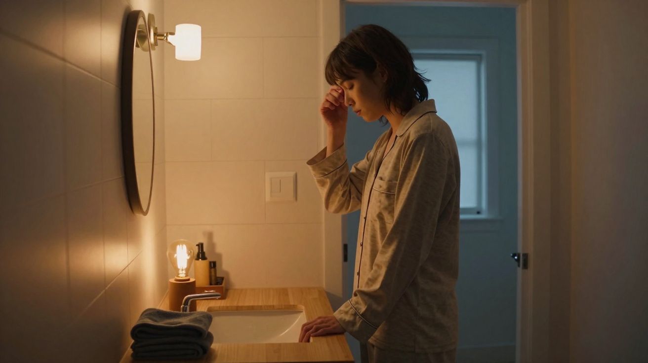 Mulher em pijama olhando para a frente com expressão pensativa numa casa de banho iluminada.
