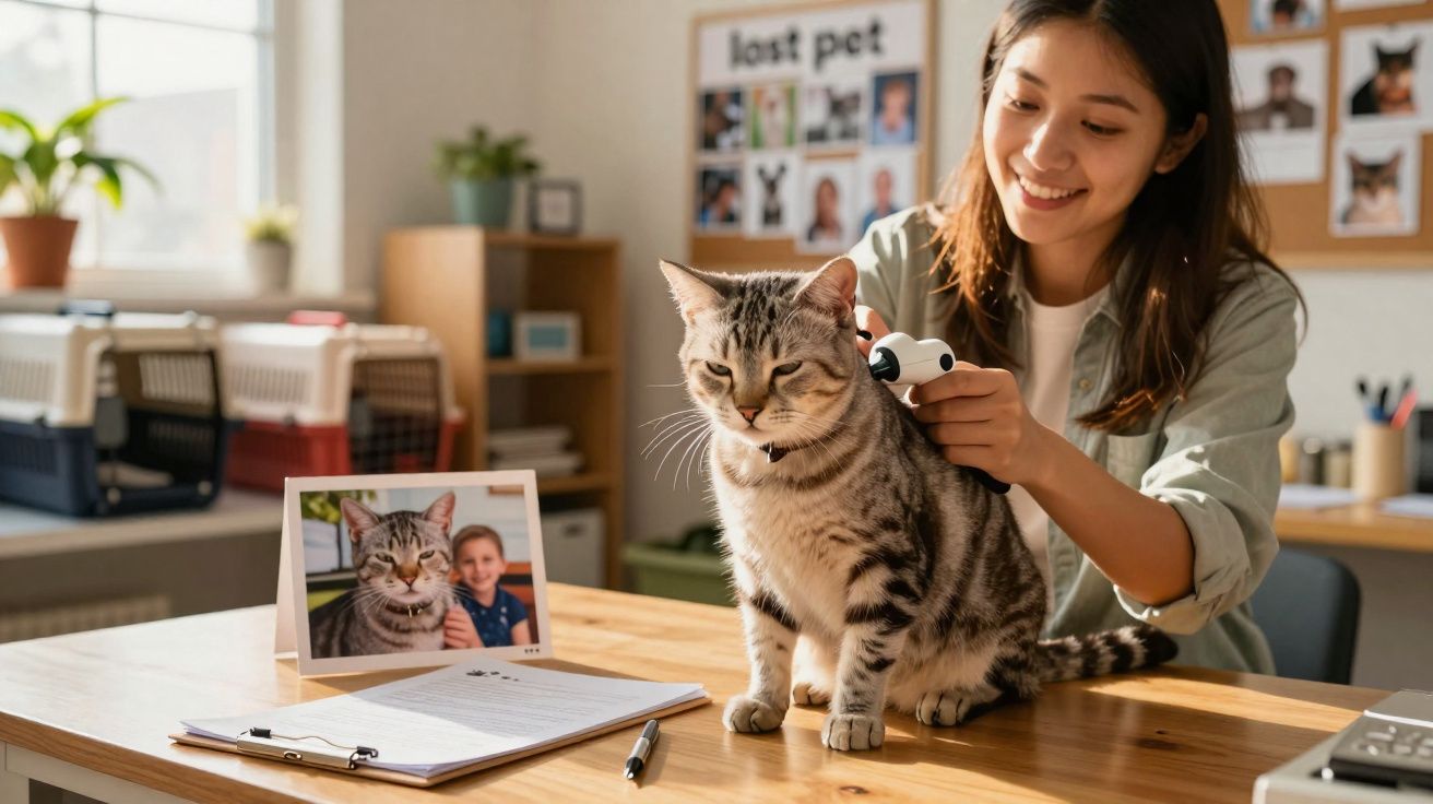 Pessoa jovem a examinar um gato cinzento às riscas numa mesa, com fotos de animais perdidos ao fundo.