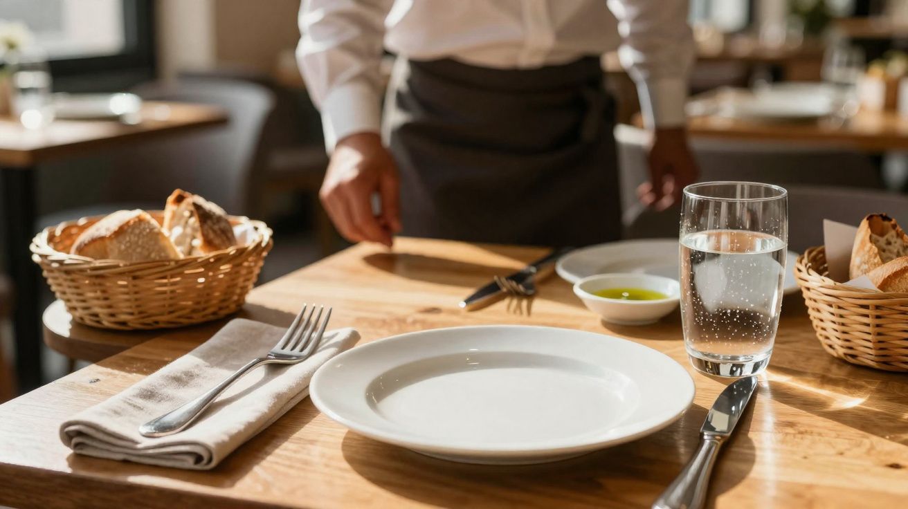 Mesa de restaurante com prato vazio, talheres, copo de água, cestos de pão e empregado ao fundo.