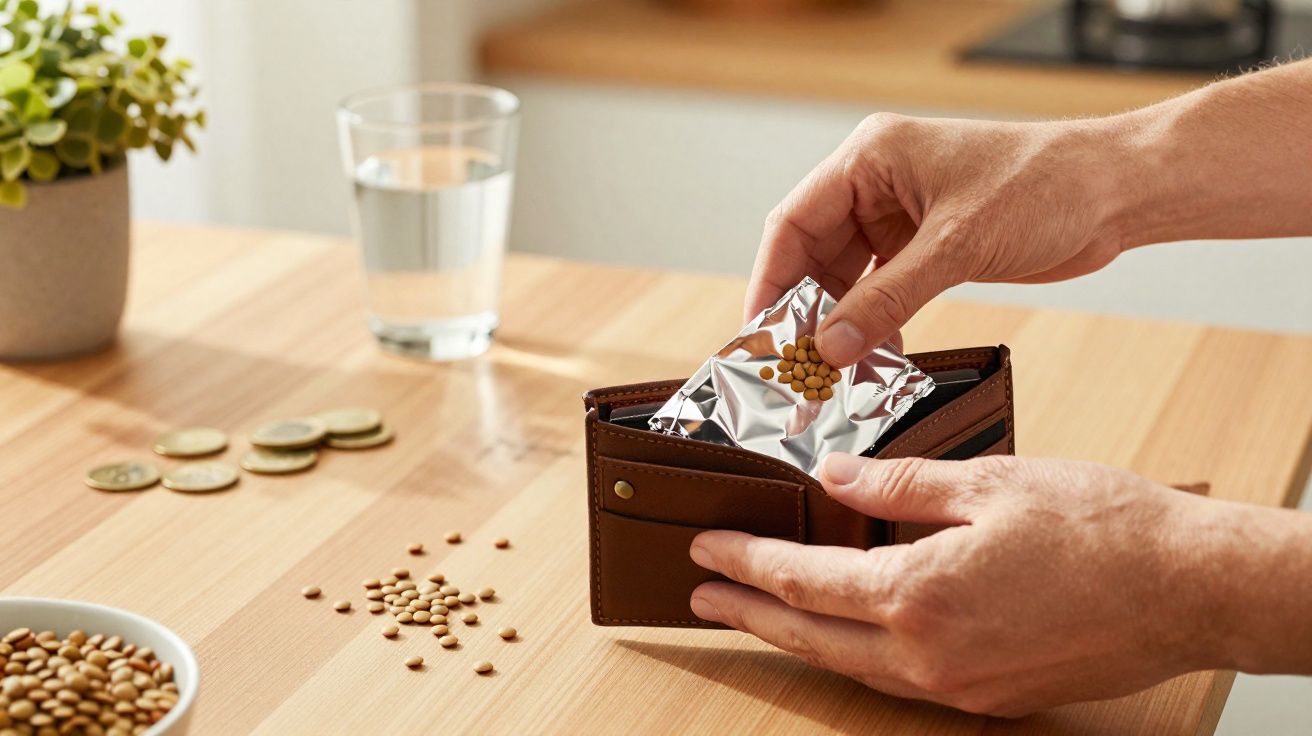 Mãos a guardar sementes embaladas numa carteira de pele sobre uma mesa com moedas e um copo de água.
