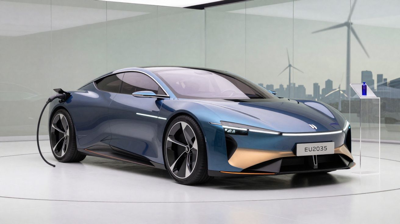 Carro elétrico desportivo azul a carregar numa sala moderna com turbinas eólicas visíveis ao fundo.