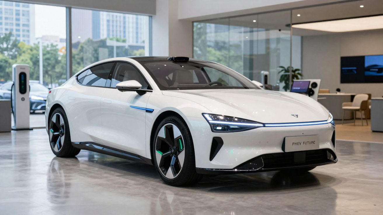 Carro elétrico branco moderno estacionado num showroom com grandes janelas e estação de carregamento.