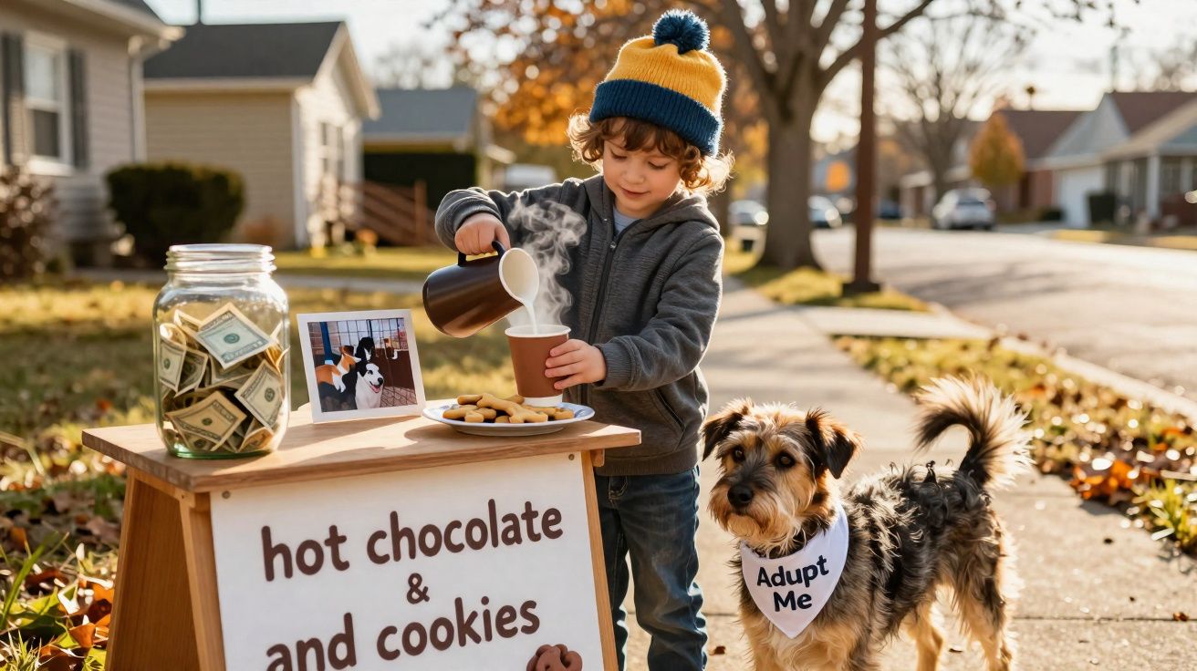 Criança a servir chocolate quente no copo num carrinho de cookies para adoção, com cachorro ao lado na rua.
