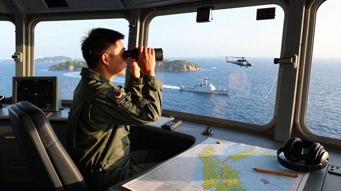 Militar observa através de binóculos embarcação e helicóptero no mar, com mapa e equipamentos na mesa à sua frente.