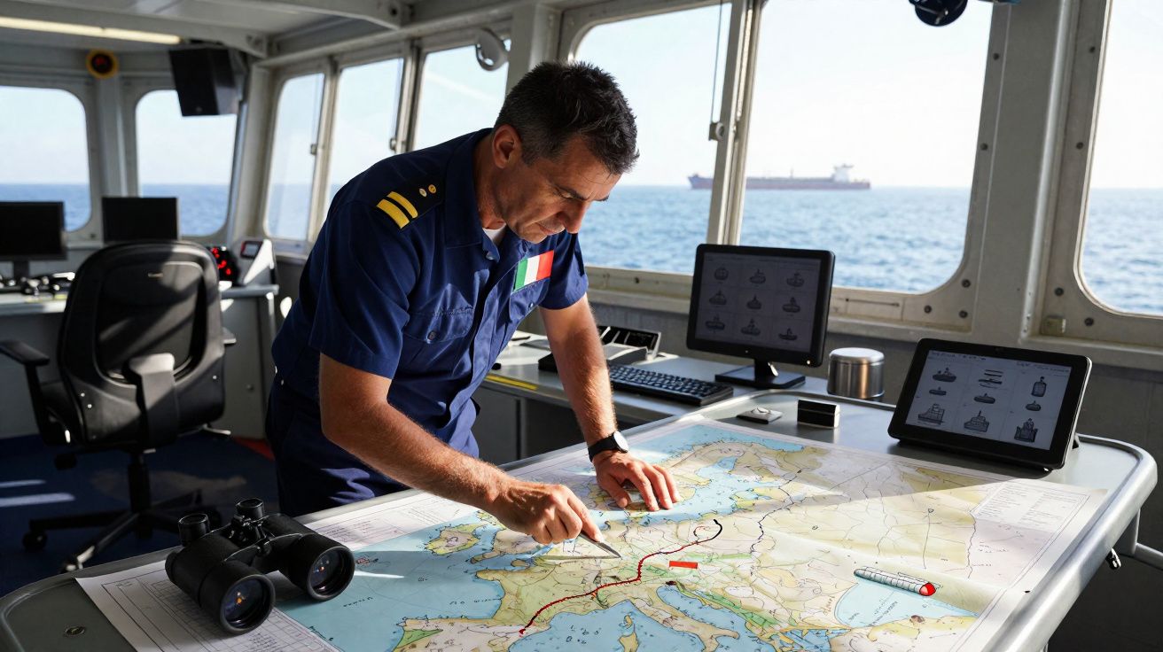 Oficial naval italiano a traçar rotas num mapa náutico no interior de um navio com vista para o mar.