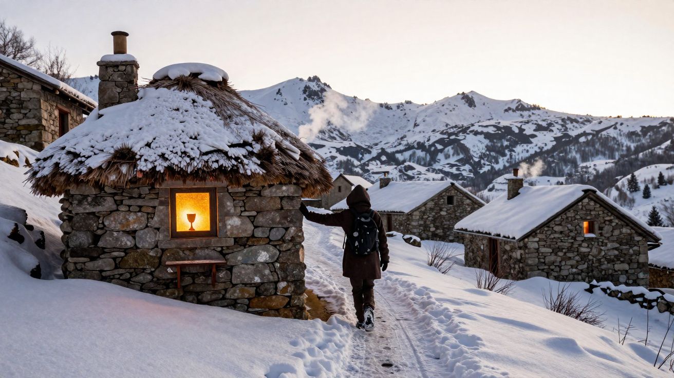 Pessoa de casaco e mochila caminha numa aldeia de pedra coberta de neve ao entardecer, com montanhas ao fundo.