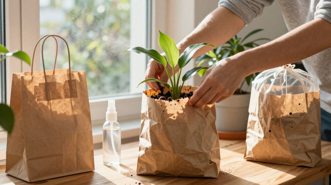 Pessoa a plantar uma planta em saco de papel numa mesa à luz natural junto a uma janela.