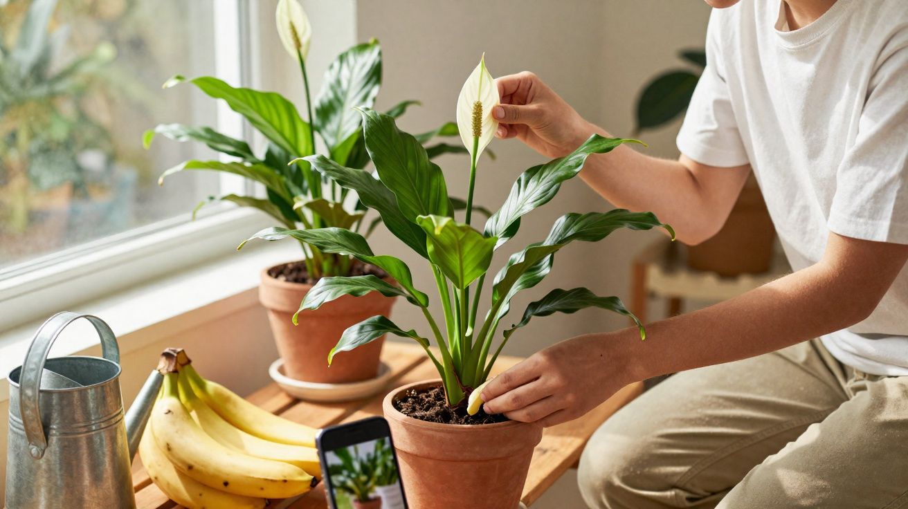 Pessoa a cuidar de planta com flores brancas em vaso de barro junto a janela com regador e bananas.