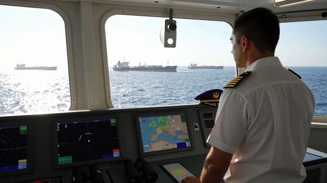 Homem em uniforme de capitão observa vários navios ao longe a partir da ponte de comando de um barco.