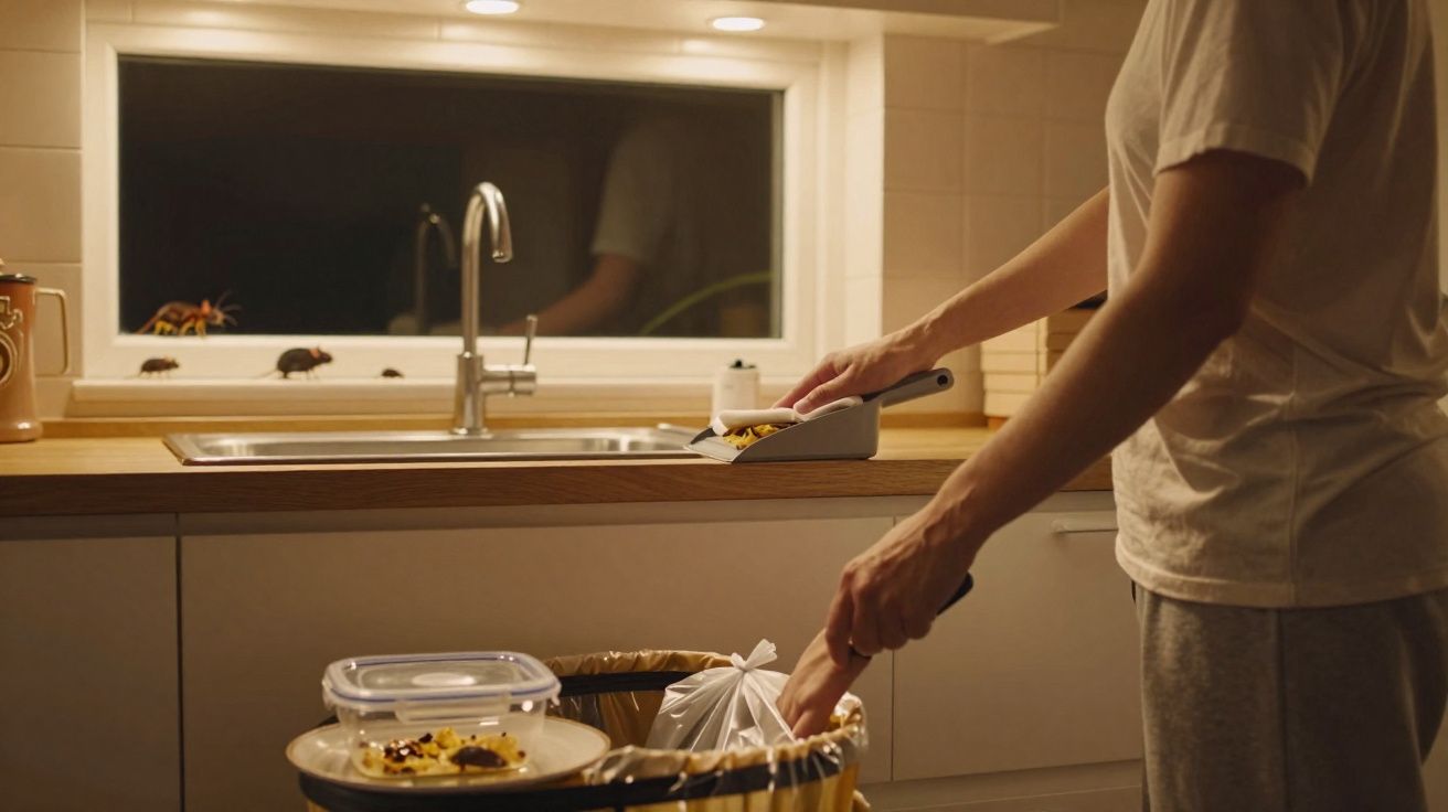 Pessoa a limpar insetos mortos da cozinha com pá e balde junto ao lava-loiça.