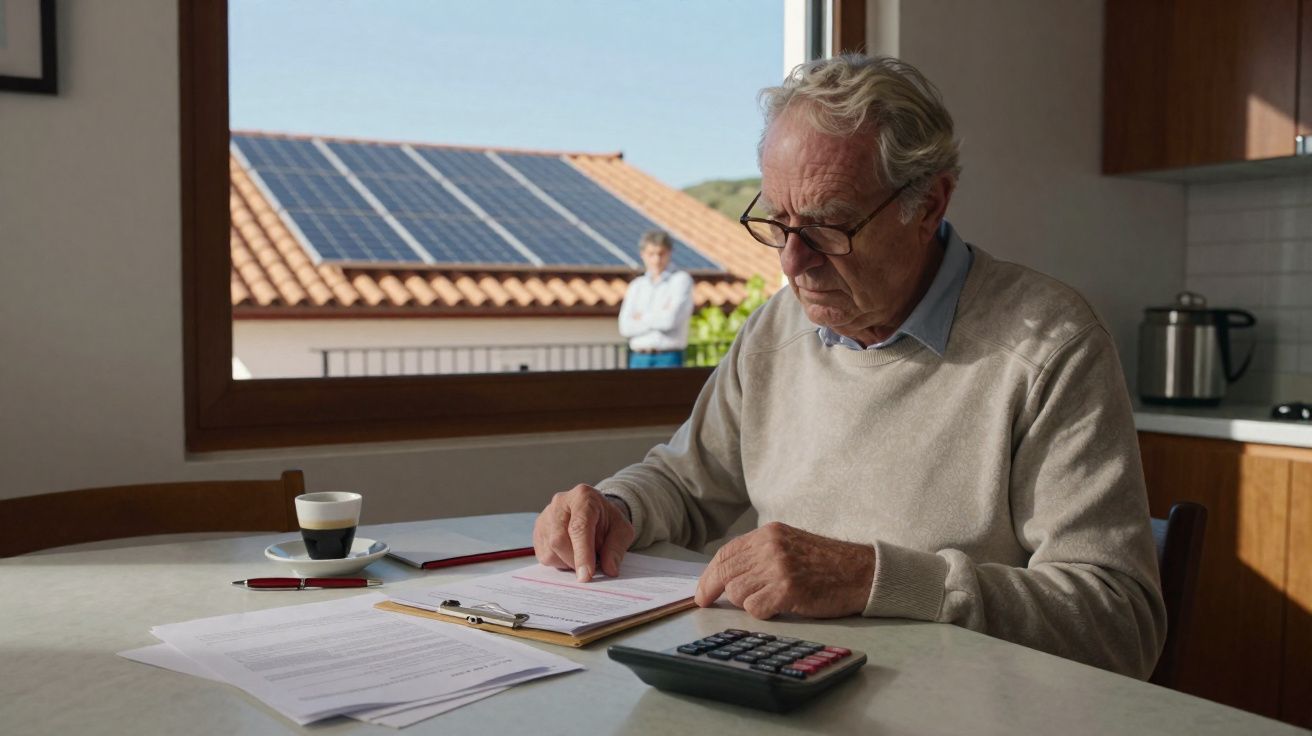 Idoso a analisar documentos e contas numa cozinha com painel solar visível na janela.