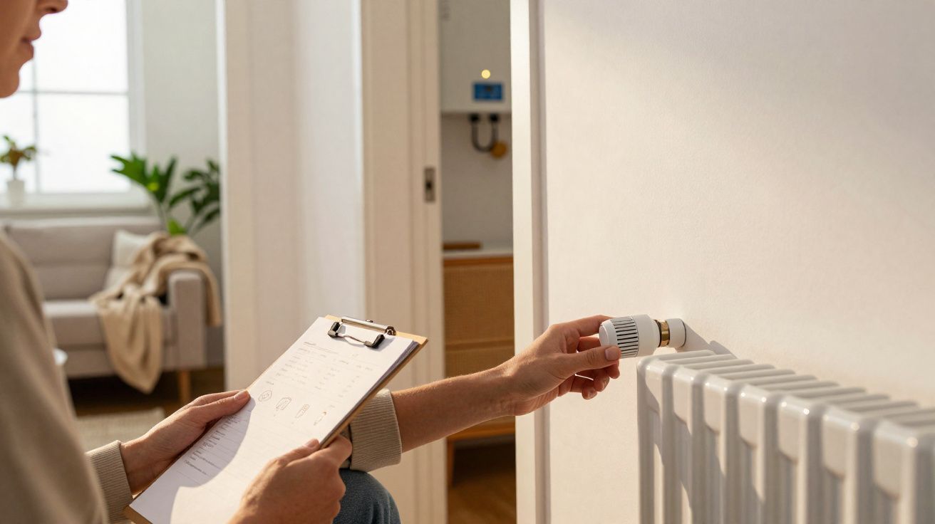 Pessoa ajusta termóstato de radiador numa sala com prancheta na mão e luz natural a entrar pela janela.