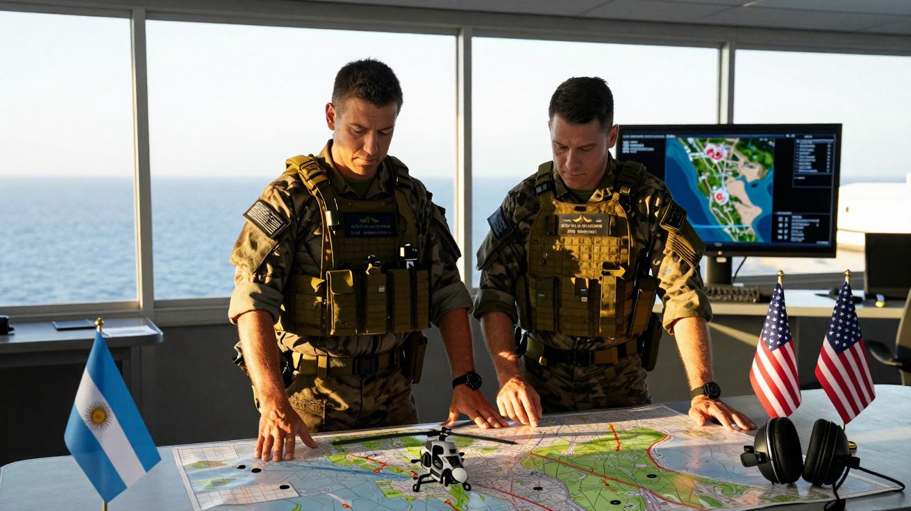 Dois soldados em uniforme militar analisam um mapa tático numa sala com bandeiras da Argentina e dos EUA.