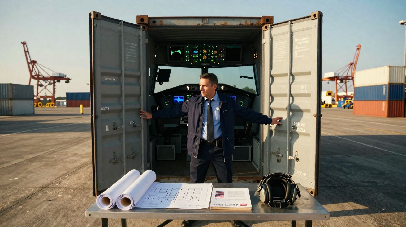 Homem de uniforme abre portas de contentor convertido em cabine de avião numa doca com planos e auscultadores à frente.