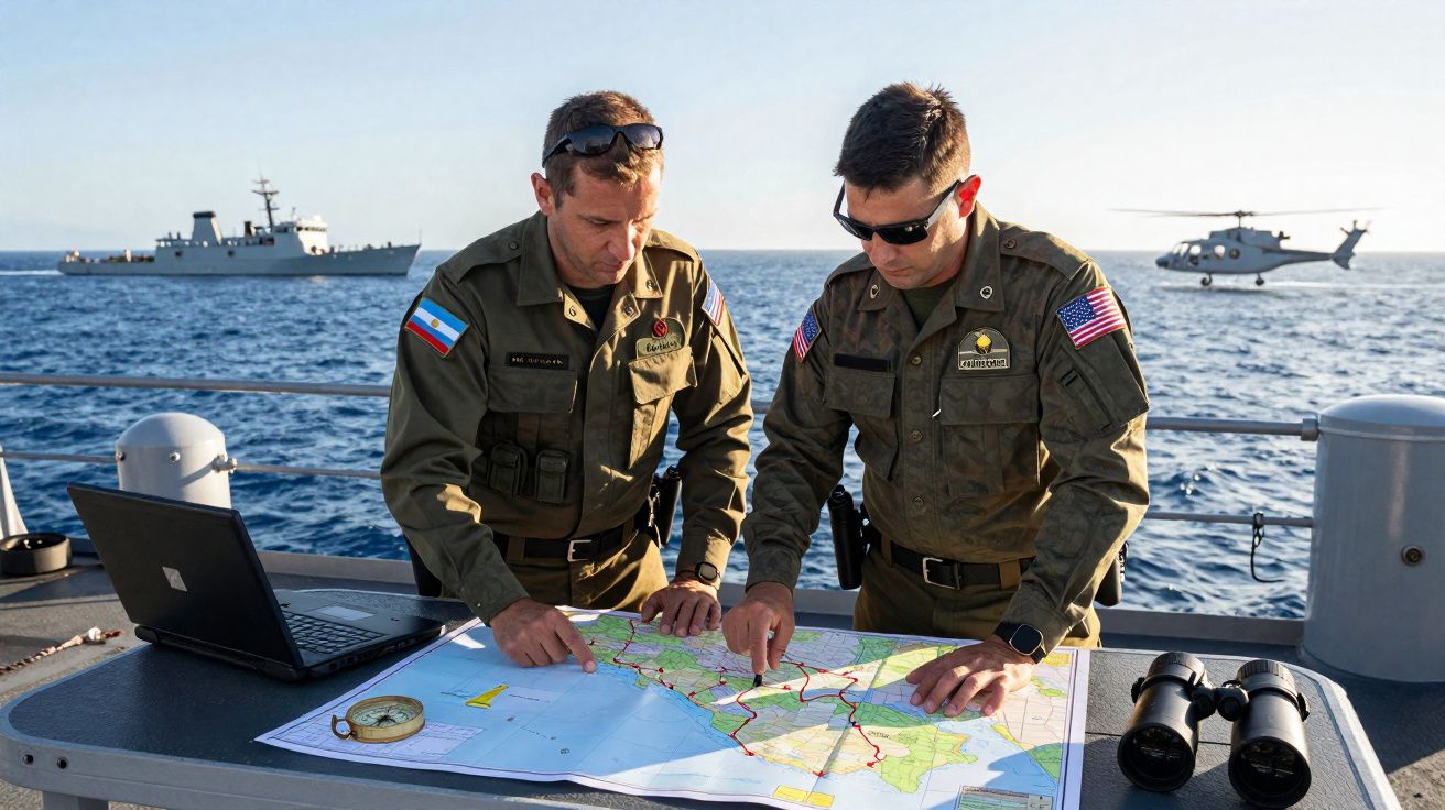 Dois militares a analisar um mapa numa embarcação no mar, com um portátil, binóculos, navio e helicóptero ao fundo.