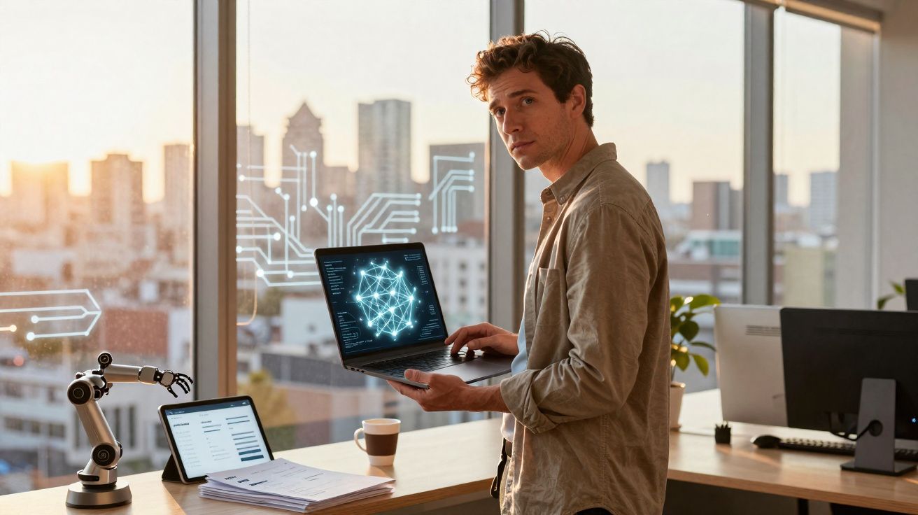 Homem com portátil a mostrar rede digital em escritório moderno com vistas urbanas ao pôr do sol.