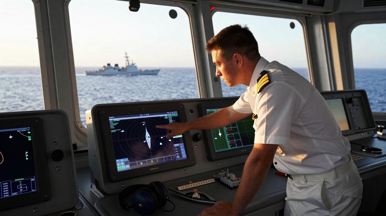 Oficial naval a operar radar no interior do navio, com um navio militar visível através da janela no mar.