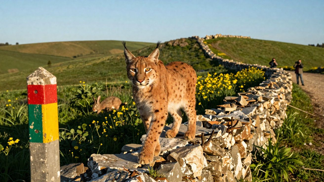 Lince-pardo a caminhar numa vedação de pedra seca com coelho, flores amarelas e pessoas ao fundo.