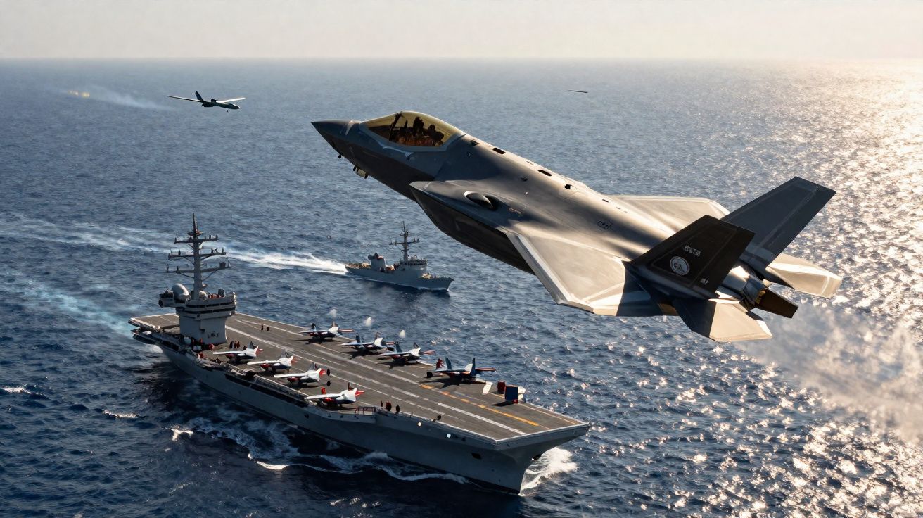 Caça furtivo a voar sobre porta-aviões militar no oceano com outros navios e aeronaves ao fundo.