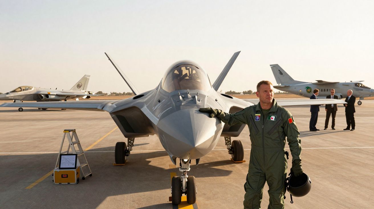 Piloto em fato de voo posa ao lado de caça furtivo estacionado em pista de aeroporto militar.