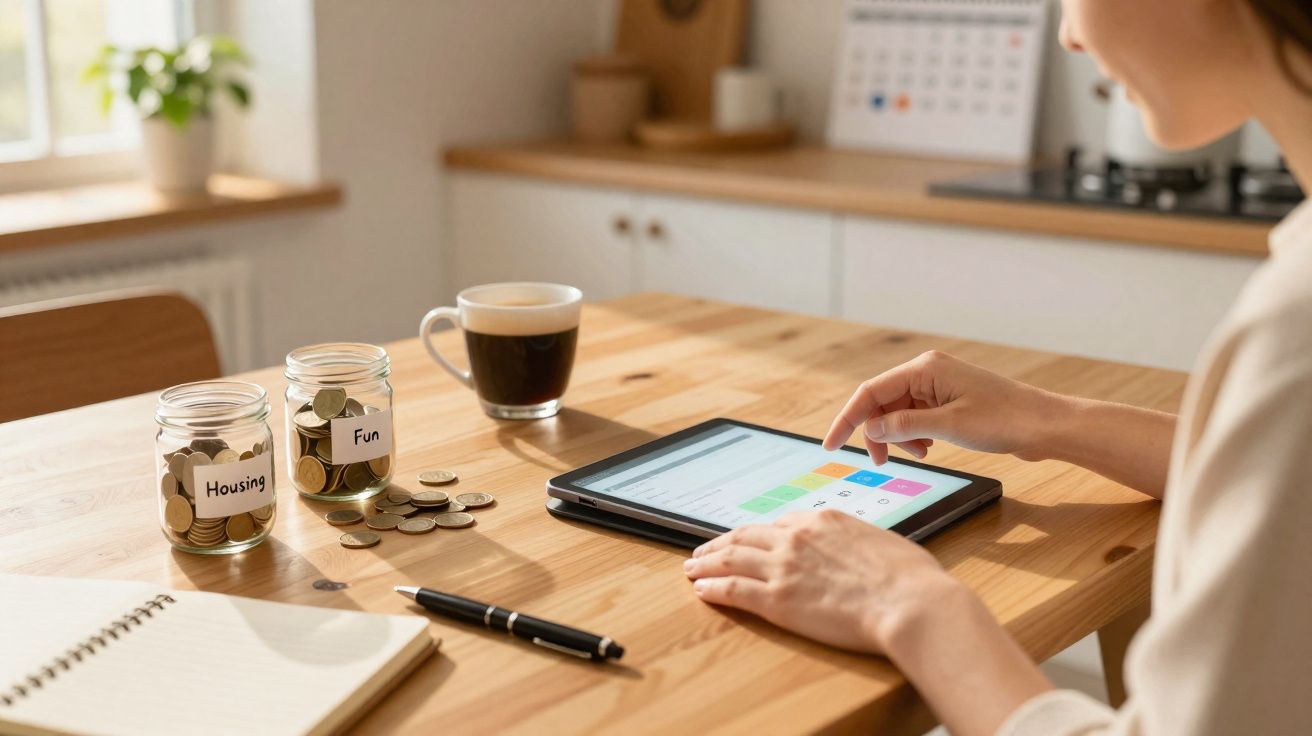 Pessoa a gerir finanças pessoais num tablet, com moedas em frascos rotulados "Housing" e "Fun" numa mesa de madeira.
