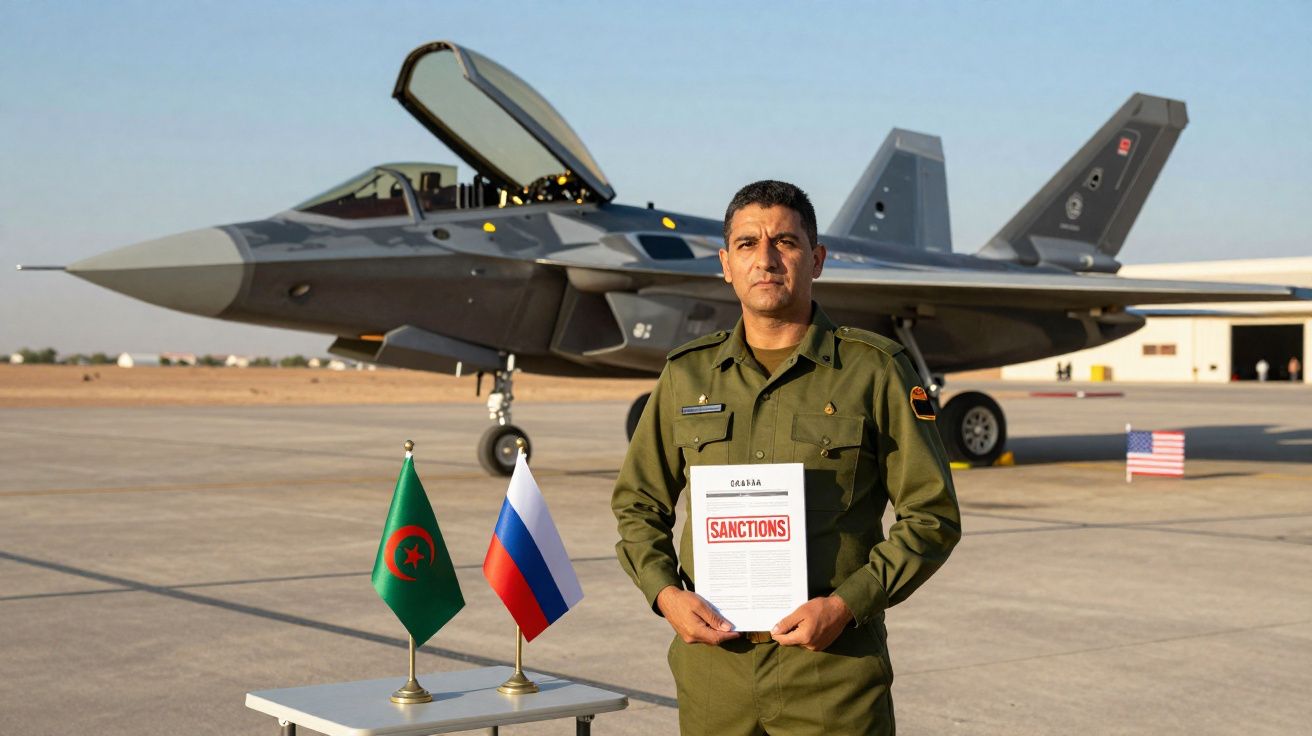 Militar à frente de caça com bandeiras da Argélia e Rússia e documento intitulado "Sanctions" num aeródromo.