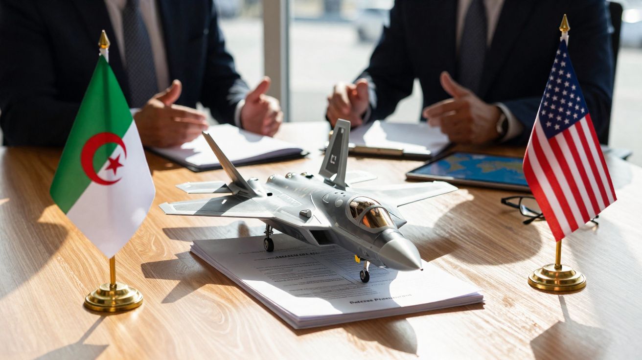 Modelo de avião militar entre bandeiras da Argélia e dos Estados Unidos sobre mesa durante reunião.