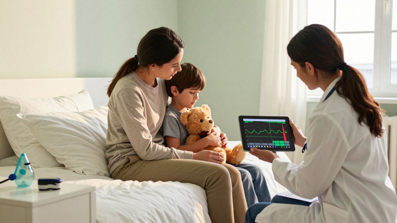 Médica mostra resultados num tablet a mãe e filho sentado na cama, criança abraça um ursinho de peluche.