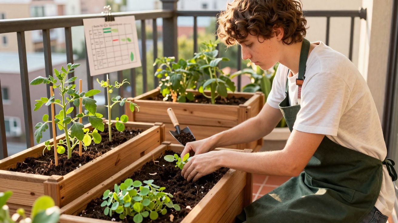 Rapaz a cuidar de plantas em vasos de madeira num terraço ensolarado com um diário de cultivo anexado.