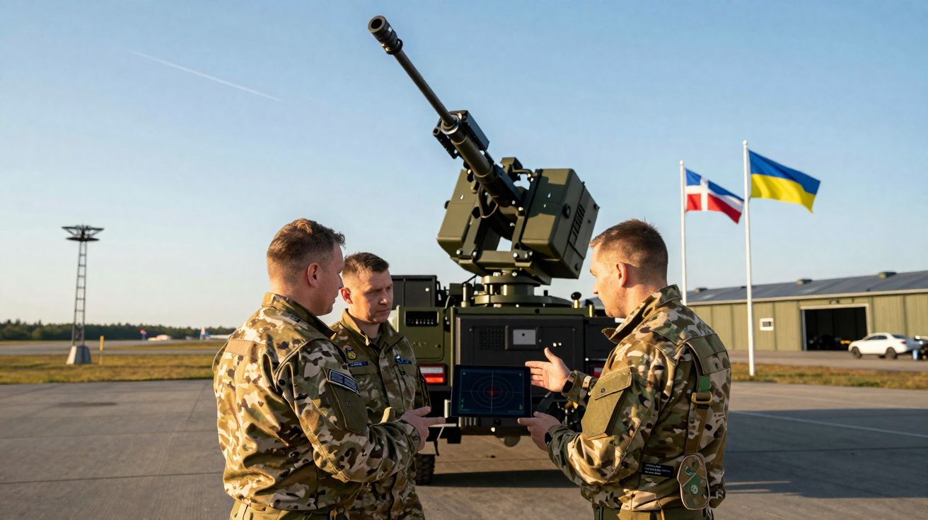 Três militares em uniforme de camuflagem junto a um canhão antiaéreo com bandeiras da Dinamarca e Ucrânia ao fundo.