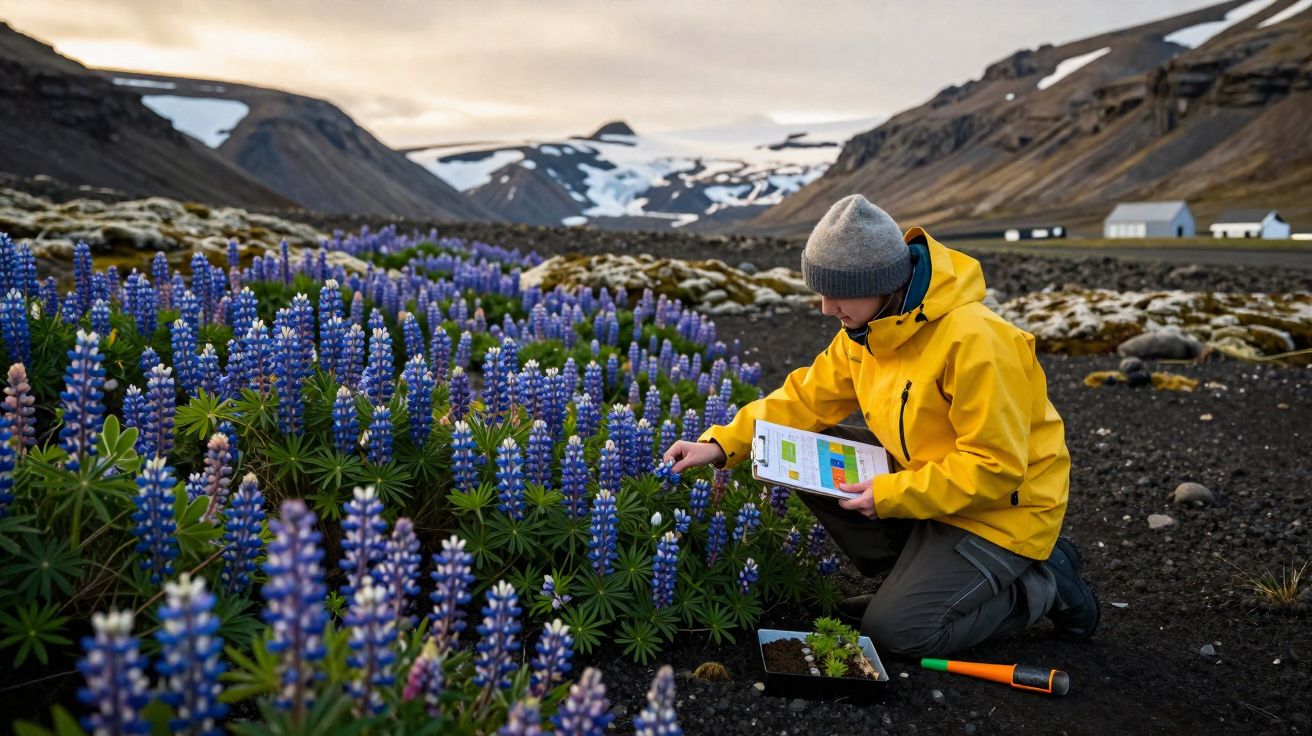 Pessoa de casaco amarelo e gorro cinzento a observar flores roxas numa paisagem montanhosa com neve.