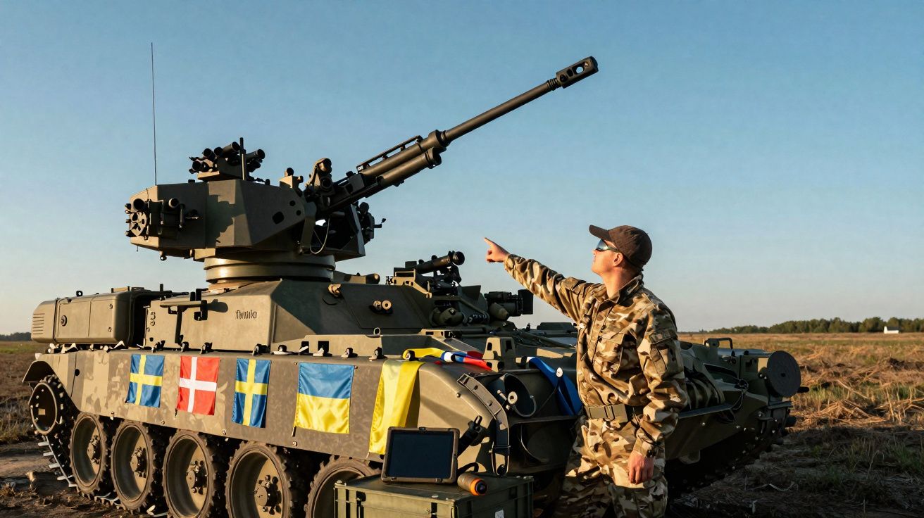 Soldado aponta para um tanque militar com bandeiras da Suécia, Dinamarca e Ucrânia numa área de campo aberto.
